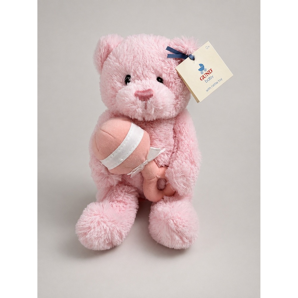 Baby GUND Welcome Little One Tickled Pink Bear Rattle Plush 7 Inch New With Tags